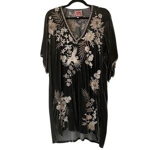 Johnny Was Othilia Embroidered Silk Velvet Kimono Sleeve Dress Gray Sz S